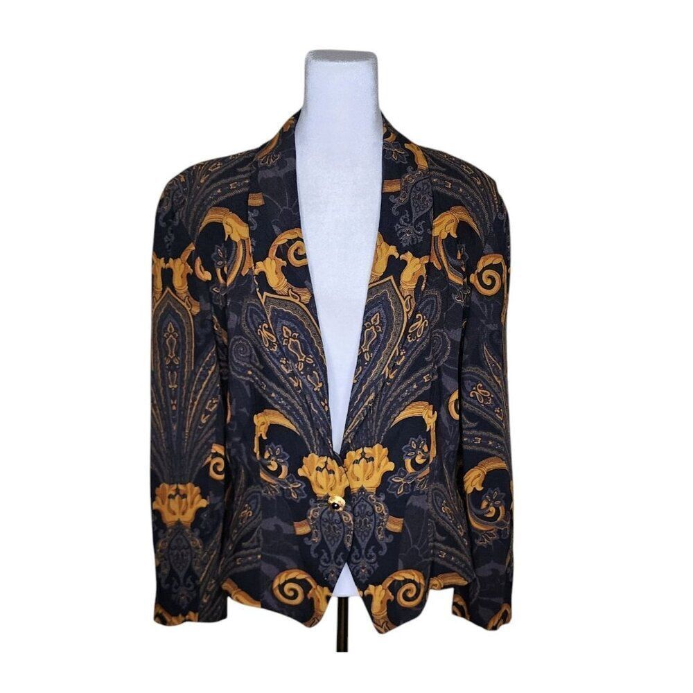 Vintage Gloria Sachs Blazer All Over Baroque Print Womens Size 6 Black and Gold